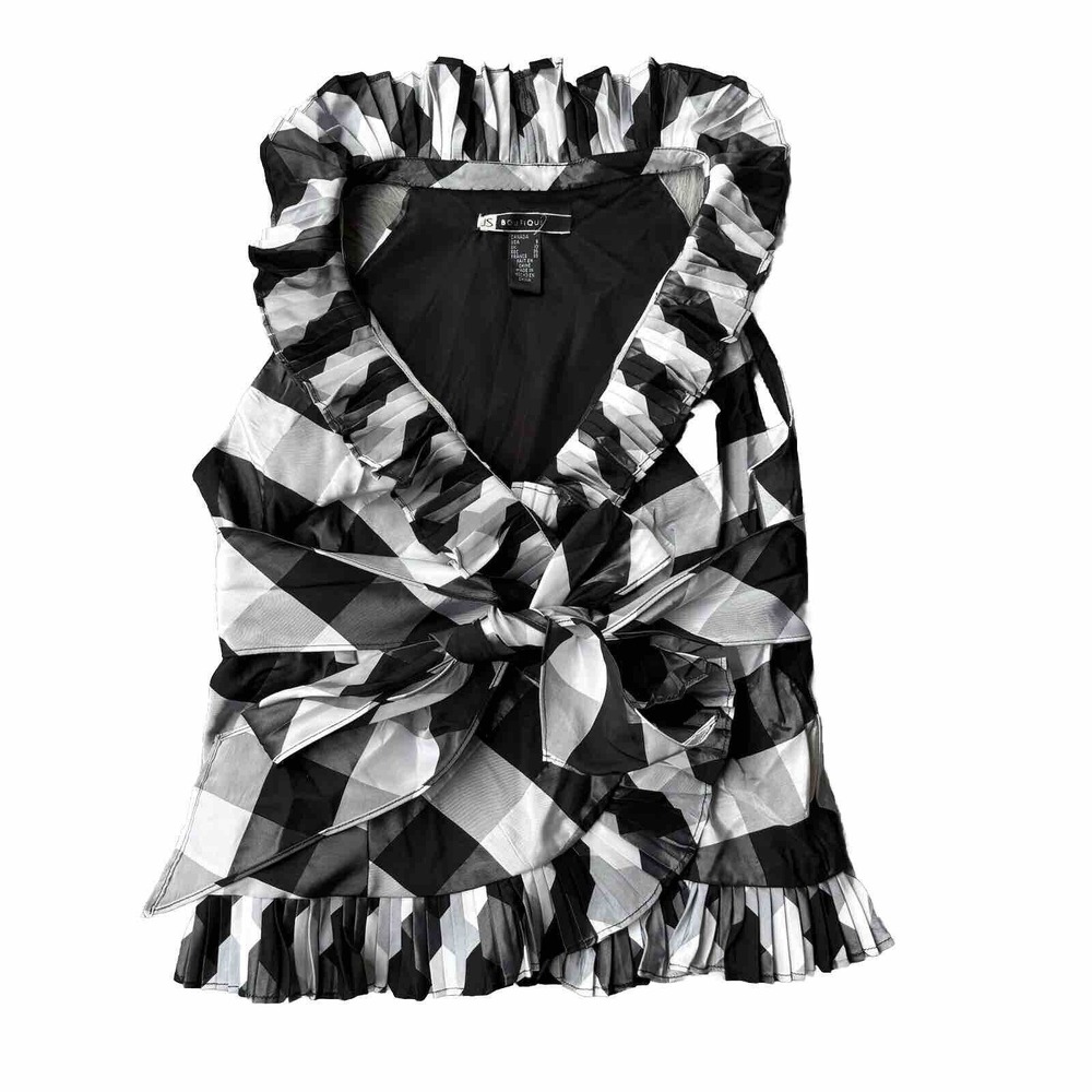 JS Boutique Blouse Sz 8 Black White Plaid Sleeveless Belt Wrap Frilly Womens